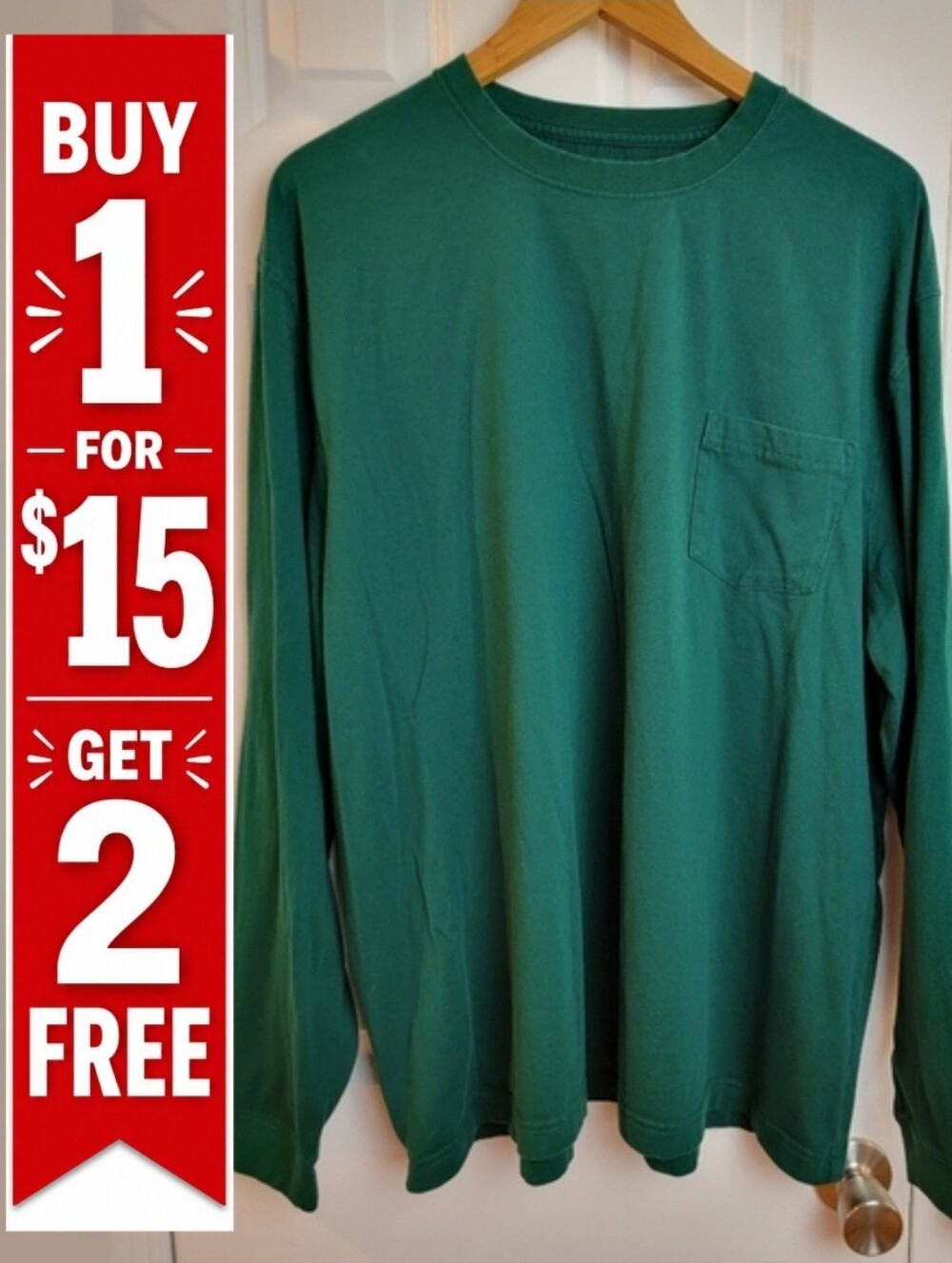 LL Bean Long‎ Sleeve Tee Forest Green Front Pocket XXL